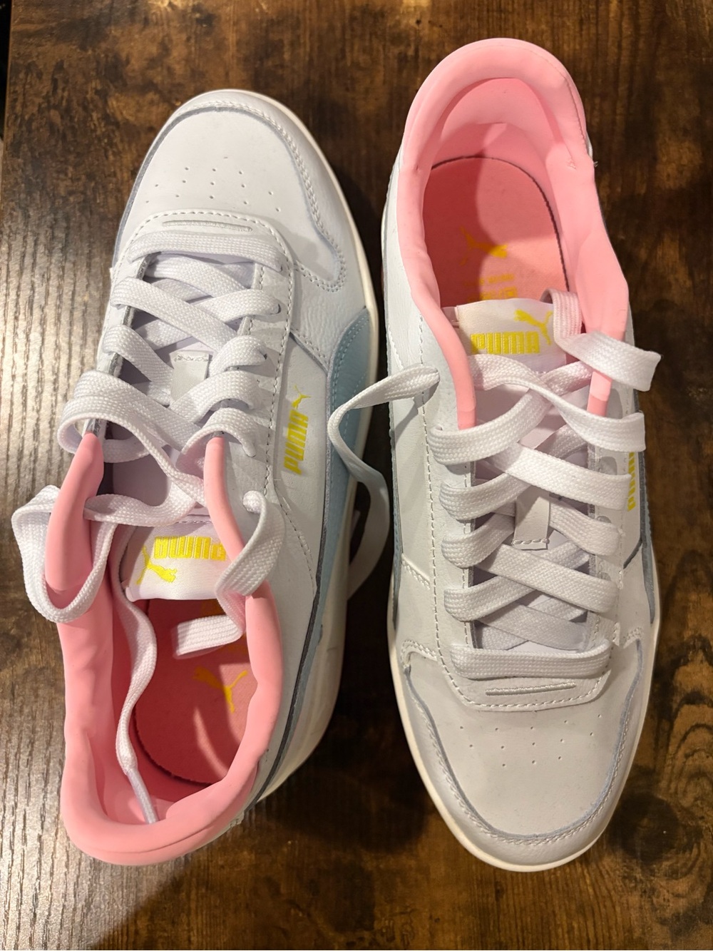 PUMA White Sneakers with Pink Lining with Light Blue & Yellow Accents